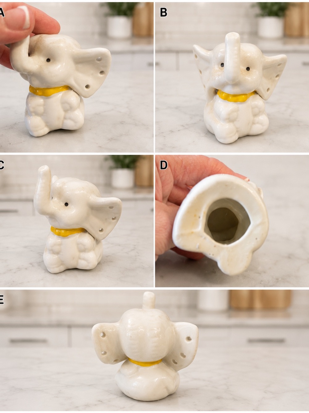 Vintage Ceramic Elephant Earring Holder White Yellow Collar 3.5”